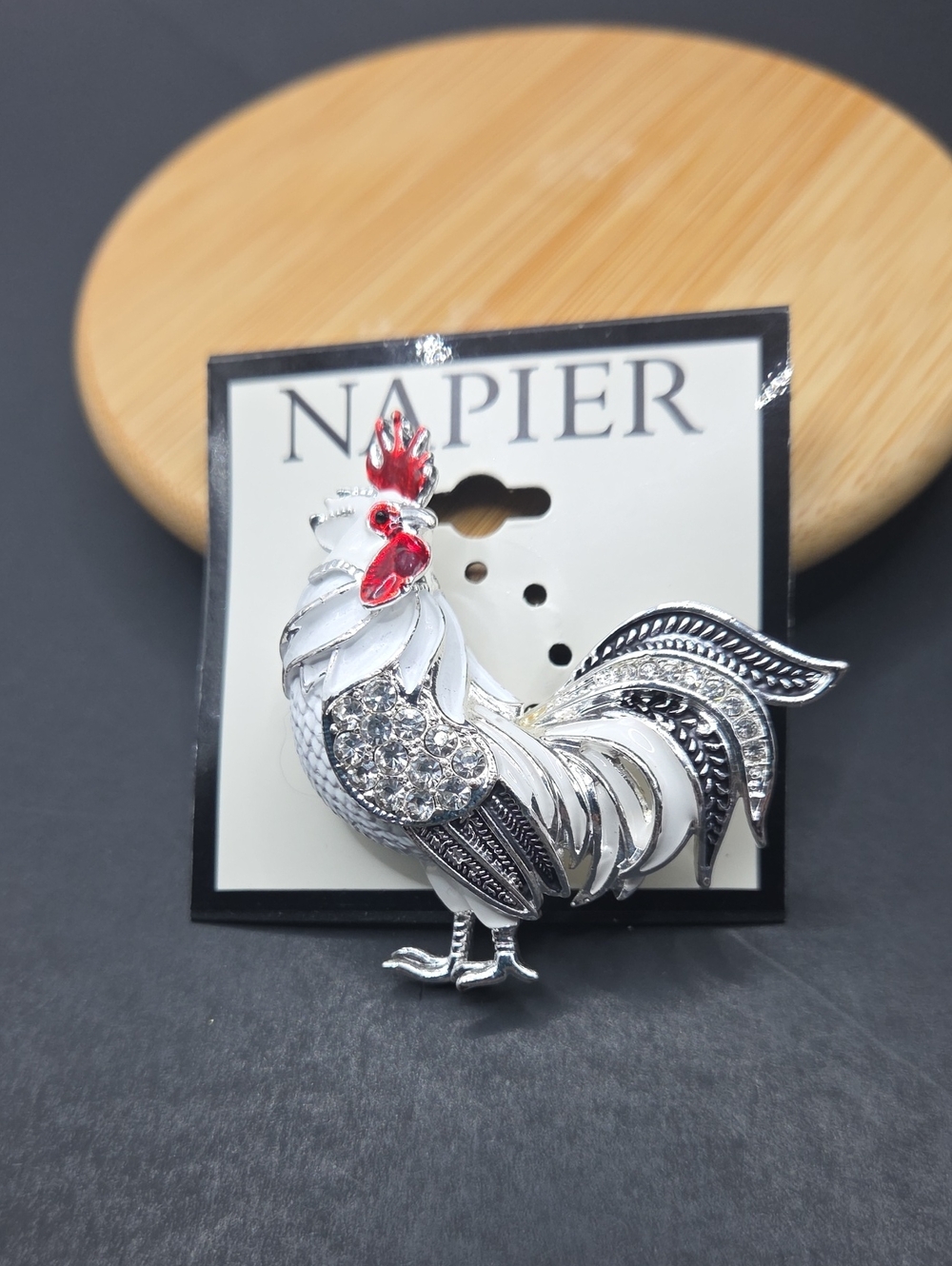 Napier Silver Tone  and White Enamel  Rooster Brooch with Red Accents
